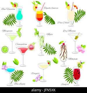 Set of popular cocktails cartoon style. Collection of summer long drinks isolated on white for restaurant, bar menu or beach party banner and flyer Stock Photo