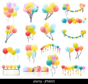 Group of Colour Glossy Helium Balloons Isolated on Transperent  Background. Set of  Balloons and Flags for Birthday, Anniversary, Celebration  Party Decorations. Vector Illustration Stock Vector