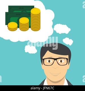 Man Businessman Thinks about Money. Flat Business Concept Vector Illustration Stock Vector