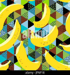 Banana seamless pattern. Yellow banana fruits on colorful background. Trendy freehand drawing illustration Stock Photo