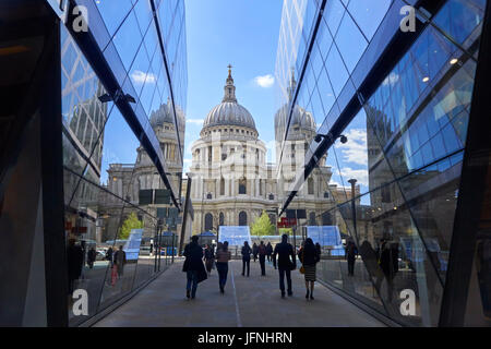St Paul's Cathedral reflected in One New Change shopping centre in the City of London, England, United Kingdom, UK, Great Britain, GB