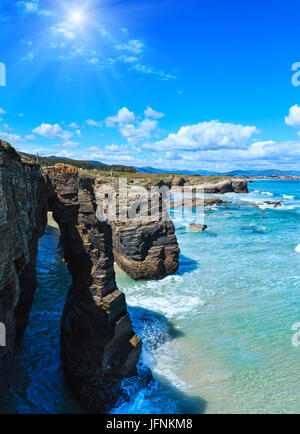 Natural Rock Arches On Cathedrals Beach In Galicia, Northern Spain 