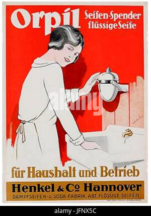 1920 circa Plakat Orpil Seifen-Spender flüssige Seife Henkel 26 Co. Hannover Stock Photo