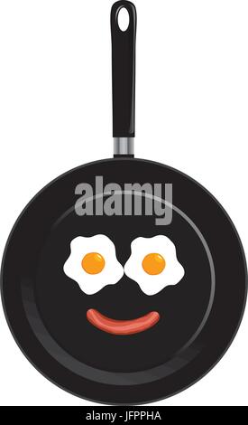 Vector illustration of a frying pan with smiley face. Breakfast fried eggs and sausage. Stock Vector