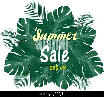 Vector illustration of summer sale tropical leaves background Stock Vector
