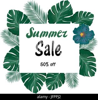 Vector illustration of summer sale tropical leaves background Stock Vector