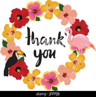 vector illustration of floral tropical wreath with flamingo and toucan Stock Vector