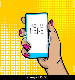 Pop art comic text cartoon woman hand hold smart phone touch screen. Human girl wow poster halftone dot background. Blank speech bubble advertisement  Stock Vector