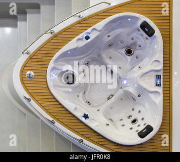 Jacuzzi top view, hot tub, luxury bath, nobody. Comfortable bathtub with hydrotherapy Stock Photo