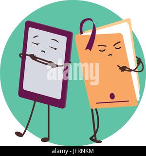 E-book and paper book. Funny characters. Stock Vector