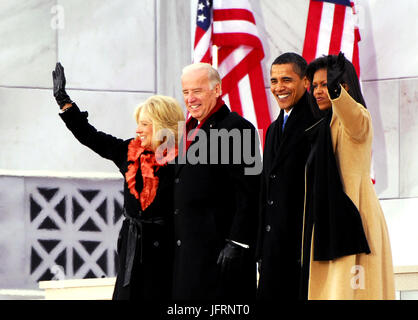 Jill Biden, Vice President-elect Joe Biden, President-elect Barack Obama, and Michelle Obama wave to the crowd gathered at the Lincoln Memorial on the National Mall in Washington, D.C., Jan. 18, 2009, during the inaugural opening ceremonies. Stock Photo
