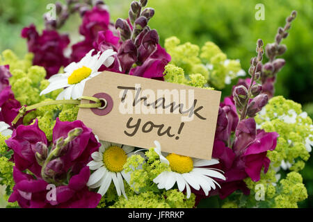 Greeting card with snapdragons, daisies and text: Thank you Stock Photo