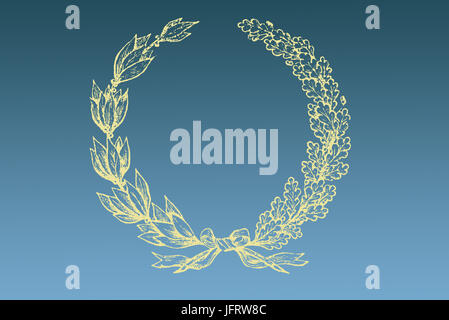 Leaves wreath with ribbon, bow design. Blue and yellow, gold background.  Greeting card. Cute vintage floral frame. Wreath of leaves with copy space Stock Photo