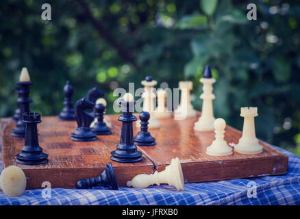 white and black chess pieces on the board in the garden, in nature Stock Photo