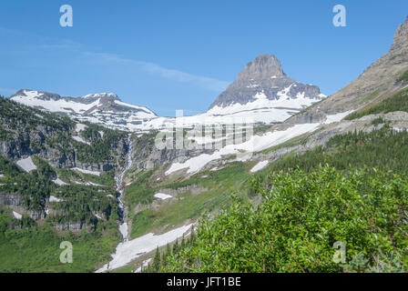 Snow on the Mountains above Logan Pass Glacier National Park. Stock Photo