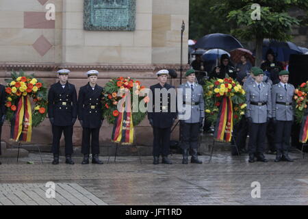 Speyer, Germany. 01st July, 2017. Soldiers stand next to several wreaths. A funeral mass for the former German Chancellor Helmut Kohl was held in the Cathedral of Speyer. it was attended by over 1000 invited guests and several thousand people followed the mass outside the Cathedral. Credit: Michael Debets/Pacific Press/Alamy Live News Stock Photo