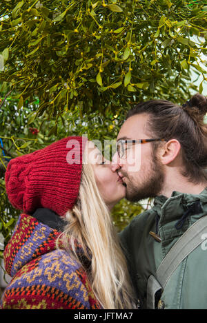 Couple kissing under mistletoe tree Stock Photo