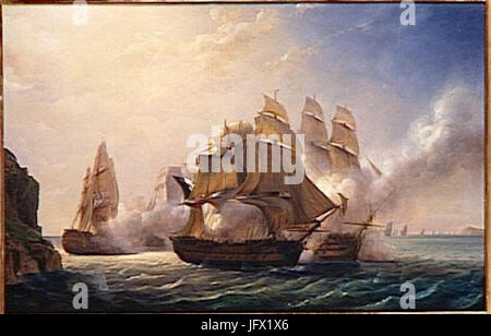 Combat du vaisseau francais Le Romulus contre trois vaisseaux anglais à l entrée de la rade de Toulon 2813 février 181429 Pierre-Julien Gilbert Stock Photo