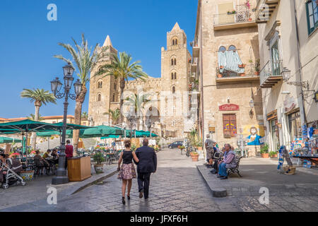 The cathedral in the Old Town of Cefalù, Sicily. The construction began in 1131 and the cathedral is a Unseco World Heritage site in histroic Cefalù. Stock Photo
