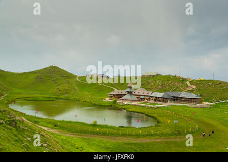 Ancient Prashar Lake Temple view with Prashar Holy water Pond and Green nature landscape at Prashar Lake, Mandi district, Himachal Pradesh, India Asia Stock Photo