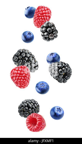 Isolated berries. Falling blackberry, raspberry and blueberry fruits isolated on white background with clipping path Stock Photo