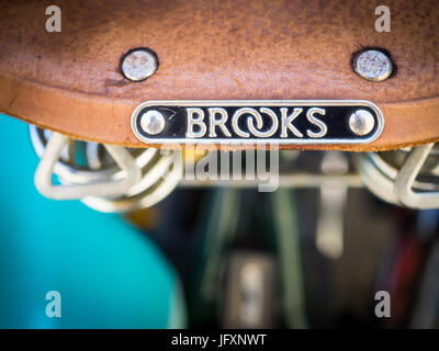 Brooks leather bike saddle. Brooks is a traditional leather goods manufacturer based in the UK. Formed in 1866 it began making saddles in 1882. Stock Photo