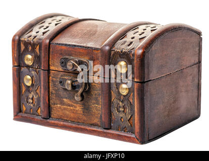 beautiful closed vintage wooden chest treasure isolated on white background, close up Stock Photo