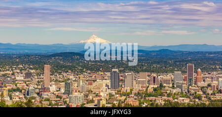 Portland Oregon Downtown Cityscape with Mt. Hood in the background. Stock Photo