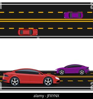 Purple and red cars are driving along the road. Side view and top view. Volumetric drawing without a mesh and a gradient. Isolated. illustration. Stock Vector