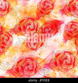 A seamless pattern with an abstract watercolor and ink drawing of a blooming red rose, hand painted on a pink and yellow background with brush strokes Stock Photo