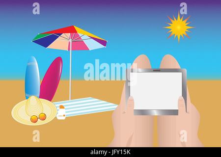 Beach umbrella, towel, straw hat, glasses and surfboards are located on the beach. Sunburning tourist is holding the empty tablet screen. Empty tablet Stock Vector
