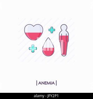 Collection of anemia icons. Heart, drop and human body with low level of red liquid Stock Vector