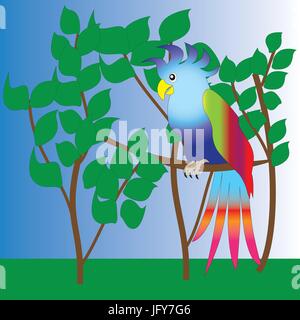 A large beautiful multicolored parrot sits on a tree branch. Stock Vector