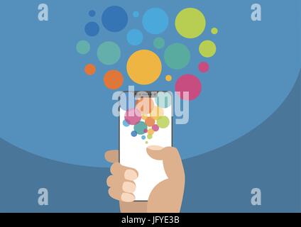 Hand holding next generation bezel free / frameless smartphone with touchscreen as vector illustration with colorful bubbles. Stock Vector