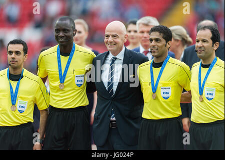 Moscow, Russia. 2nd July, 2017. President of FIFA Gianni Infantino (C) poses for a group photo with referees during the award ceremony of the bronze match at Confederations Cup-2017 in Moscow, Russia, on July 2, 2017. Credit: Evgeny Sinitsyn/Xinhua/Alamy Live News Stock Photo