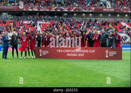 Moscow, Russia. 2nd July, 2017. National team of Portugal pose for photo during the award ceremony of the bronze match at Confederations Cup-2017 in Moscow, Russia, on July 2, 2017. Credit: Evgeny Sinitsyn/Xinhua/Alamy Live News Stock Photo