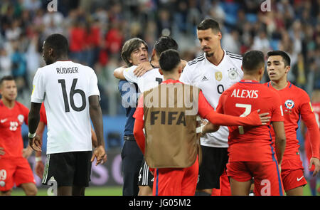 St. Petersburg, Russia. 2nd July, 2017. Joachim Loew (3rd L), head coach of Germany, celebrates with players after winning the final match between Chile and Germany of the 2017 FIFA Confederations Cup in St. Petersburg, Russia, on July 2, 2017. Germany won 1-0 and claimed the title. Credit: Xu Zijian/Xinhua/Alamy Live News Stock Photo