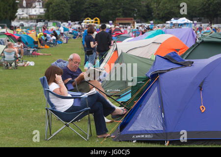 London, UK. 3rd Jul, 2017. Wimbledon Tennis Championships 2017, Wimbledon Lawn Tennis Club, Southwest London, England, UK. 03rd July, 2017. People queue up in the traditional camping lines on Wimbledon Park to get tickets for the following days Wimbledon Tennis Championships 2017 on the main Centre Court and Court One. Credit: Clickpics/Alamy Live News Stock Photo