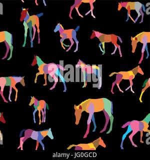 Seamless pattern with colorful mosaic foals (standing and running) on black background Stock Vector
