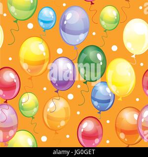 Seamless pattern with colorful balloons and confetti on orange background Stock Vector