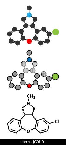 Asenapine antipsychotic drug molecule. Conventional skeletal formula and stylized representations. Stock Vector