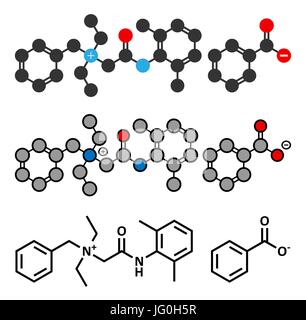 Denatonium benzoate bittering agent. Conventional skeletal formula and stylized representations. Stock Vector