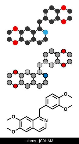 Papaverine opium alkaloid molecule. Used as antispasmodic drug. Conventional skeletal formula and stylized representations. Stock Vector
