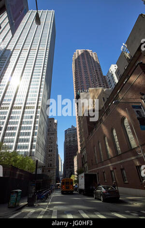 looking down and up from chase manhattan plaza in the financial district william street New York City USA Stock Photo