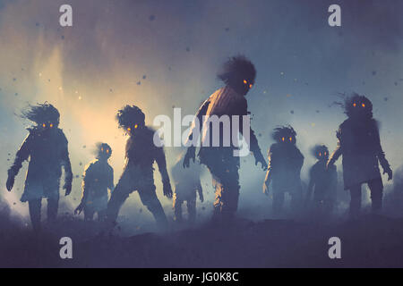 halloween concept of zombie crowd walking at night, digital art style, illustration painting Stock Photo