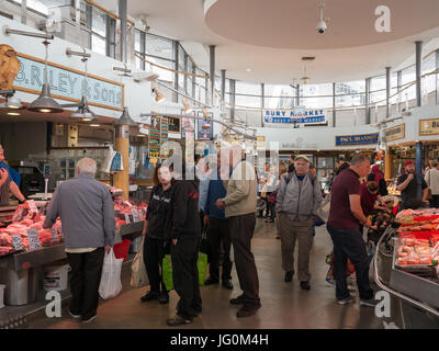 Meat and fish stalls at Bury Market, Lancashire Stock Photo