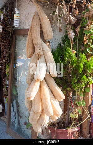 Loofahs hanging outside a shop in Side, Turkey Stock Photo