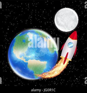 space rocket launching from earth to moon Stock Vector