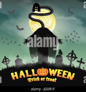 halloween japan long neck ghost in graveyard Stock Vector