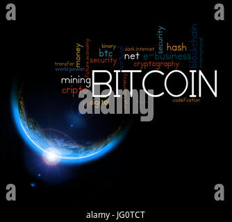 Crypto currency bitcoin concept. Earth with Rising Sun illustration. Copy space for your text Stock Photo